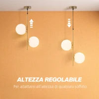 Lampada a Sospensione con 2 Paralumi in Vetro e Filo Regolabile, in Metallo, 32x15x51 cm, Bianca e Oro