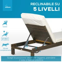 Set 2 Lettini Prendisole in Rattan PE con Cuscino e Schienale 5 Reclinazioni, 196x60x22cm