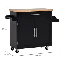 Carrello da Cucina Multiuso con Cassetto, Ruote, Portaspezie e Armadietto, Mobiletto Cucina con Ripiano Regolabile, Portasciugamani e Piano in Legno di Caucciù, 109x40x89 cm, Nero