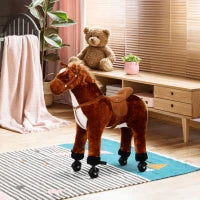 Cavallo a Dondolo per Bambini 2+ Anni con 4 Rotelle e Suoni Realistici, Dondolo per Bambini Imbottito con Poggiapiedi, 65x28x75 cm, Marrone