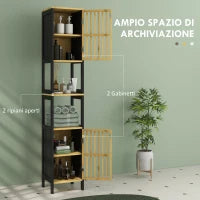 Mobiletto Bagno a Doghe con 2 Ripiani Aperti e 2 Armadietti, in MDF e Bambù, 32x30x172 cm, Nero e color Legno