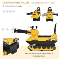 Macchina Cavalcabile per Bambini con Cannone Spara Palline e Vano Contenitore, Carro Armato per Bambini 3+Anni, 68x24x41.5cm, Giallo