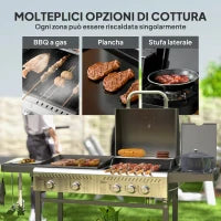 Barbecue a Gas con Piastra e Fornello, Coperchio con Termometro e Ripiani, Regolatore e Tubo Inclusi, Nero