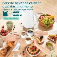 Set Bollitore Elettrico da 1.7L 2200W con Termostato e Tostapane Doppio con 7 Livelli di Doratura, Bianco