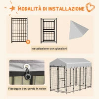 Recinto per Cani da Esterno con Tetto e Porta a 2 Sezioni in Metallo, 239x121x183cm, Argento