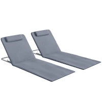 Set 2 Sdraio da Spiaggia con Schienale Regolabile su 5 Livelli, Poggiatesta e Borsa da Viaggio, Lettini Spiaggia Pieghevoli in Acciaio e PE, 134x48x33-43 cm, Grigio