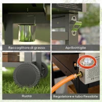 Barbecue a Gas con Piastra e Fornello, Coperchio con Termometro e Ripiani, Regolatore e Tubo Inclusi, Nero