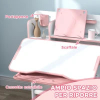 Set Scrivania e Sedia per Bambini Regolabili, Banco Scuola con Piano Inclinabile, Cassetto, Scaffale, Rosa