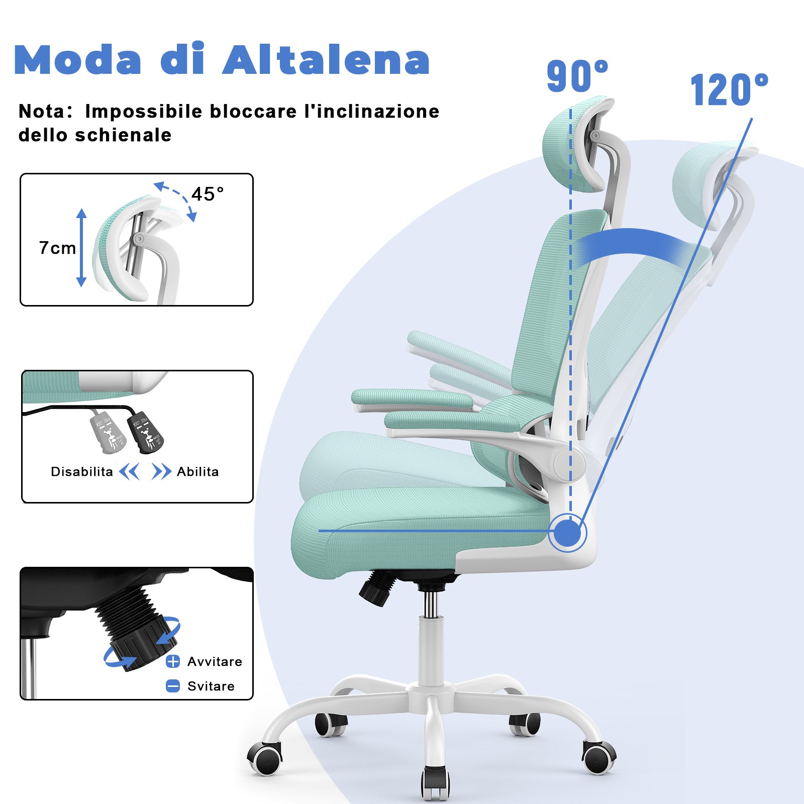 Sedia Ufficio con Supporto Lombare - RATTANTREE  - Poggiatesta Braccioli Regolabili e Schienale Reclinabile - Verde