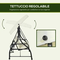 Dondolo Letto da Giardino 3 Posti con Tettuccio Regolabile, in Acciaio e Poliestere, 195x117x175 cm, Crema e Nero