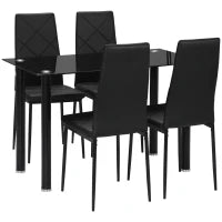 Set Tavolo da Pranzo con 4 Sedie, Piano in Vetro e Sedie Imbottite in Finta Pelle, Nero