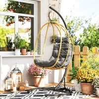 Poltrona Sospesa e Pieghevole con Cuscini, in Acciaio e Rattan PE, 102x102x195 cm, Nera Grigia e Beige