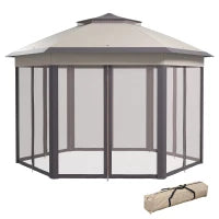 Gazebo 4x4m Impermeabile Pop-up Esagonale Pieghevole, Doppio tetto, Gazebo da Giardino con 6 Pareti Laterali, Tenda da Festa con Borsa da Trasporto Inclusa, Caffè e Beige