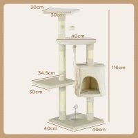 Albero Tiragraffi per Gatti con Cassetta, Pallina, Corda per Gioco e Relax, 40x40x116 cm, Beige