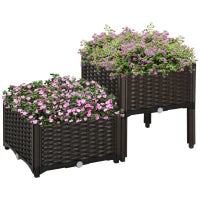 Set 2 Pezzi Fioriere da Esterno Autoirriganti Rialzate Letto da Giardino Rialzato per Fiori Effetto Rattan in PP, Marrone