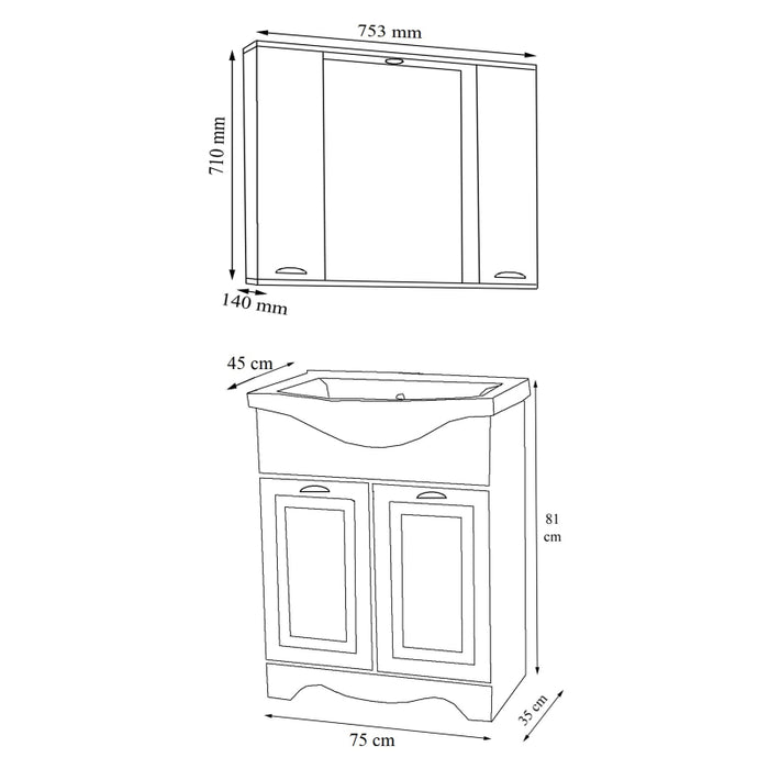 Quadro di Ezooza Set Bagno Completo 3 Pezzi Mobile con Lavabo + Pensile a specchio Large, Bianco ,