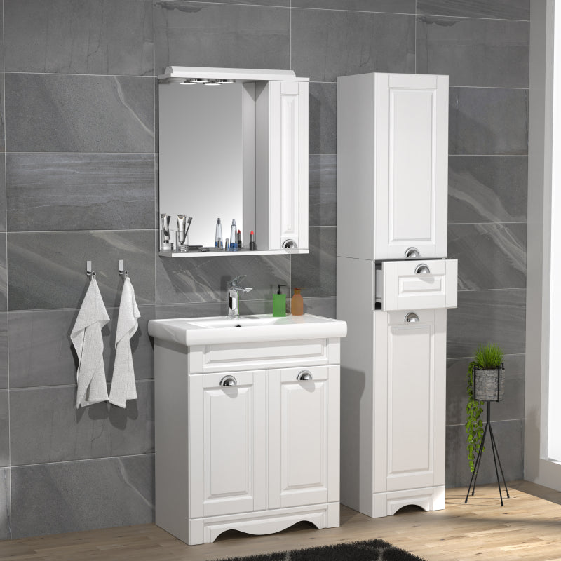 Quadro di Ezooza Set Bagno Completo 4 Pezzi Mobile con Lavabo + 1 Colonna + Pensile a specchio Medium, Bianco ,
