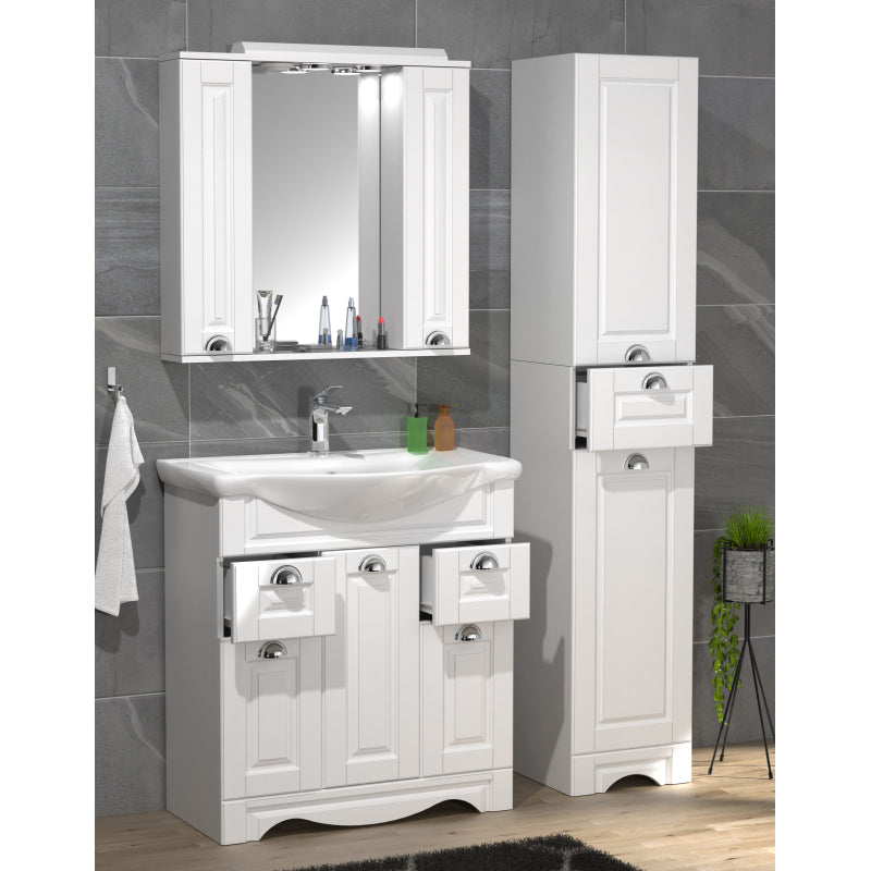 Quadro di Ezooza Set Bagno Completo 4 Pezzi Mobile con Lavabo + 1 Colonna + Pensile a specchio Large, Bianco ,