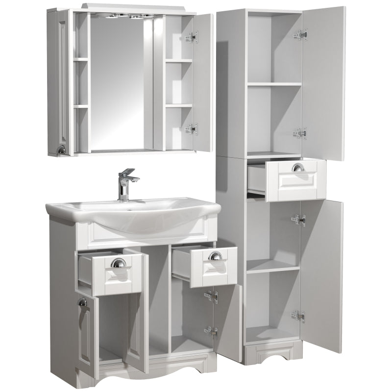 Quadro di Ezooza Set Bagno Completo 4 Pezzi Mobile con Lavabo + 1 Colonna + Pensile a specchio Large, Bianco ,