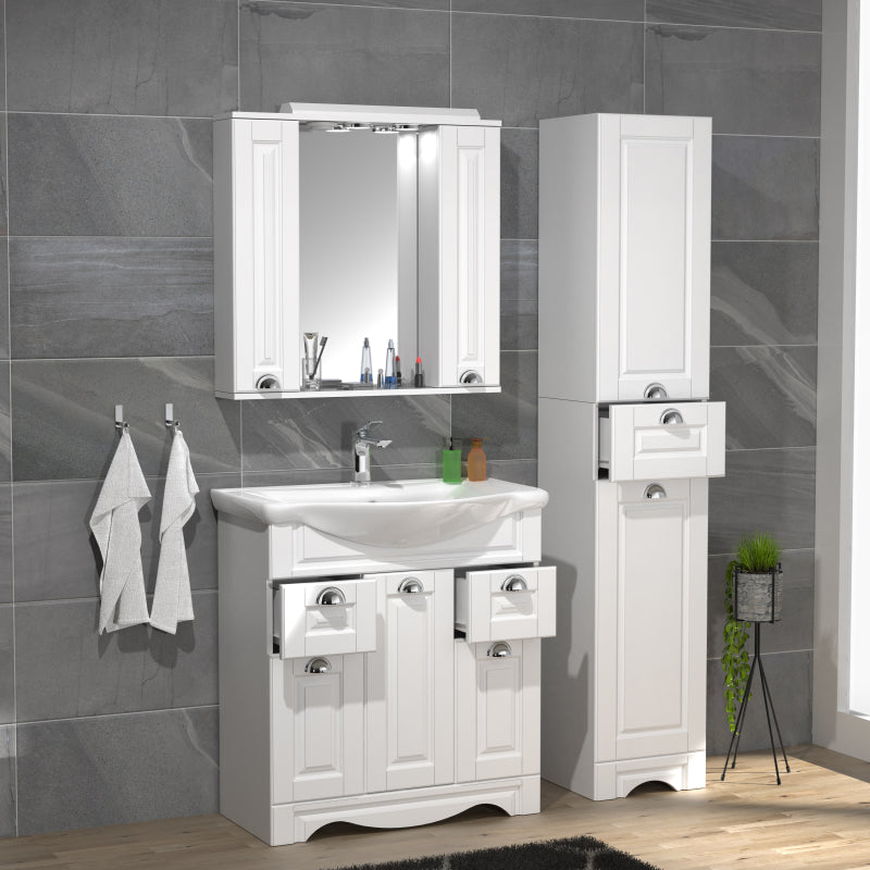 Quadro di Ezooza Set Bagno Completo 4 Pezzi Mobile con Lavabo + 1 Colonna + Pensile a specchio Large, Bianco ,
