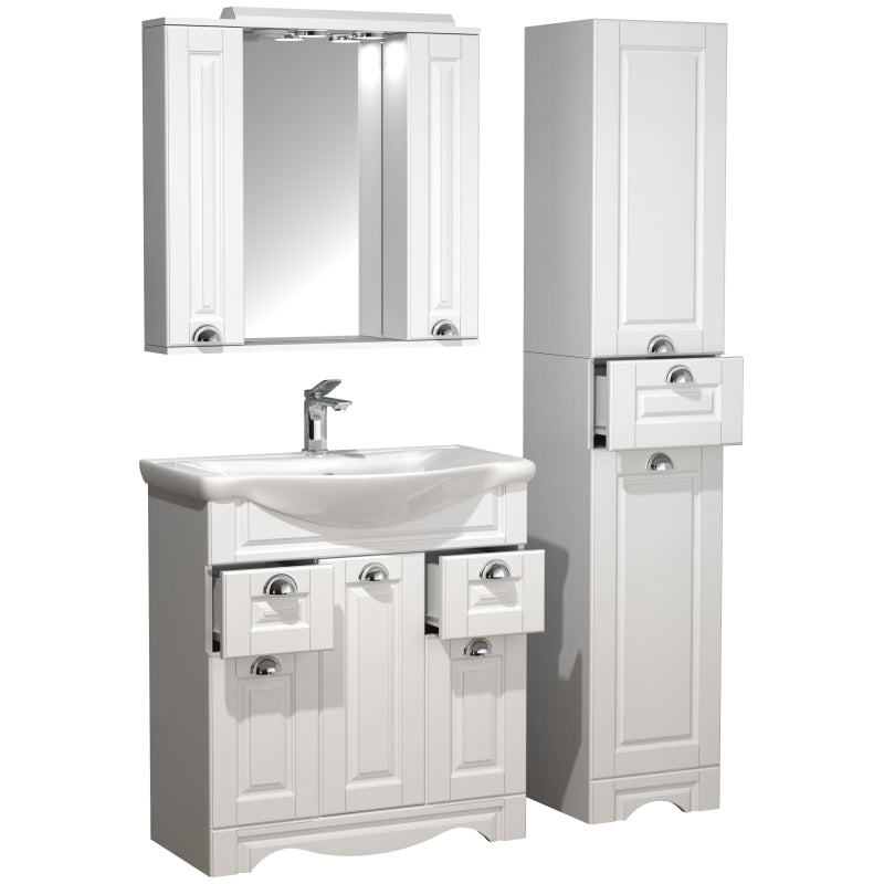 Quadro di Ezooza Set Bagno Completo 4 Pezzi Mobile con Lavabo + 1 Colonna + Pensile a specchio Large, Bianco ,