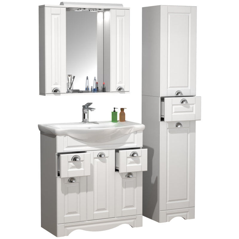 Quadro di Ezooza Set Bagno Completo 4 Pezzi Mobile con Lavabo + 1 Colonna + Pensile a specchio Large, Bianco ,