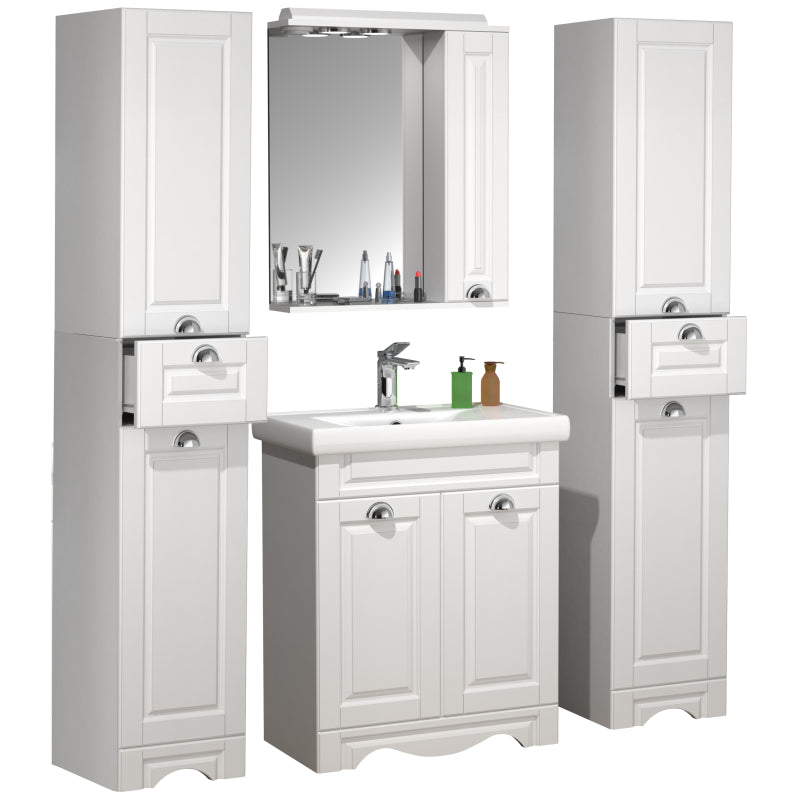 Quadro di Ezooza Set Bagno Completo 5 Pezzi Mobile con Lavabo + 2 Colonne + Pensile a specchio Medium, Bianco ,