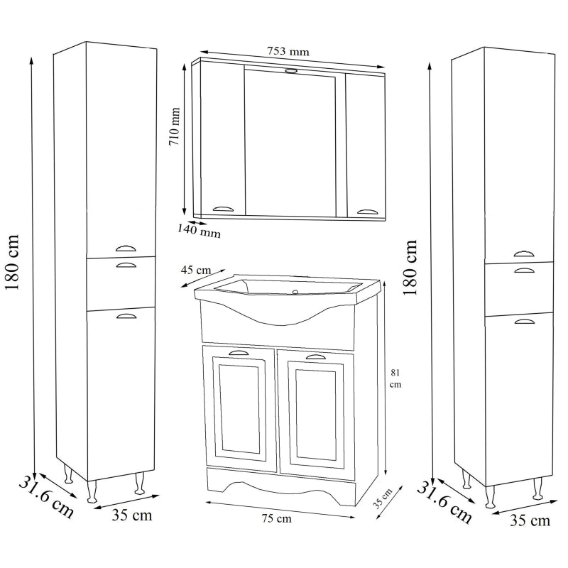 Quadro di Ezooza Set Bagno Completo 5 Pezzi Mobile con Lavabo + 2 Colonne + Pensile a specchio Large, Bianco ,