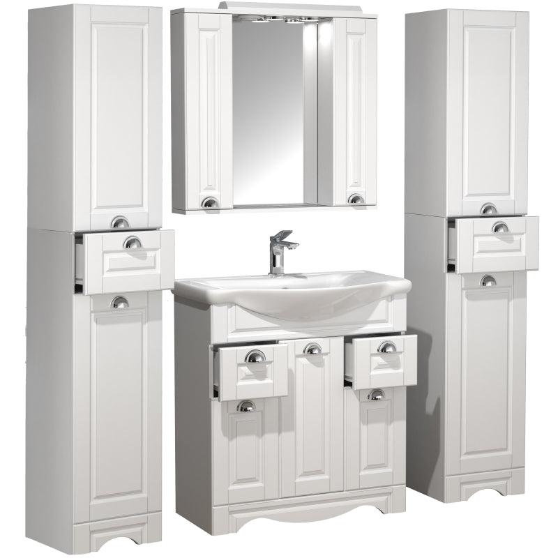 Quadro di Ezooza Set Bagno Completo 5 Pezzi Mobile con Lavabo + 2 Colonne + Pensile a specchio Large, Bianco ,