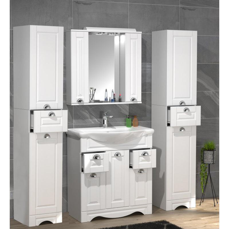 Quadro di Ezooza Set Bagno Completo 5 Pezzi Mobile con Lavabo + 2 Colonne + Pensile a specchio Large, Bianco ,