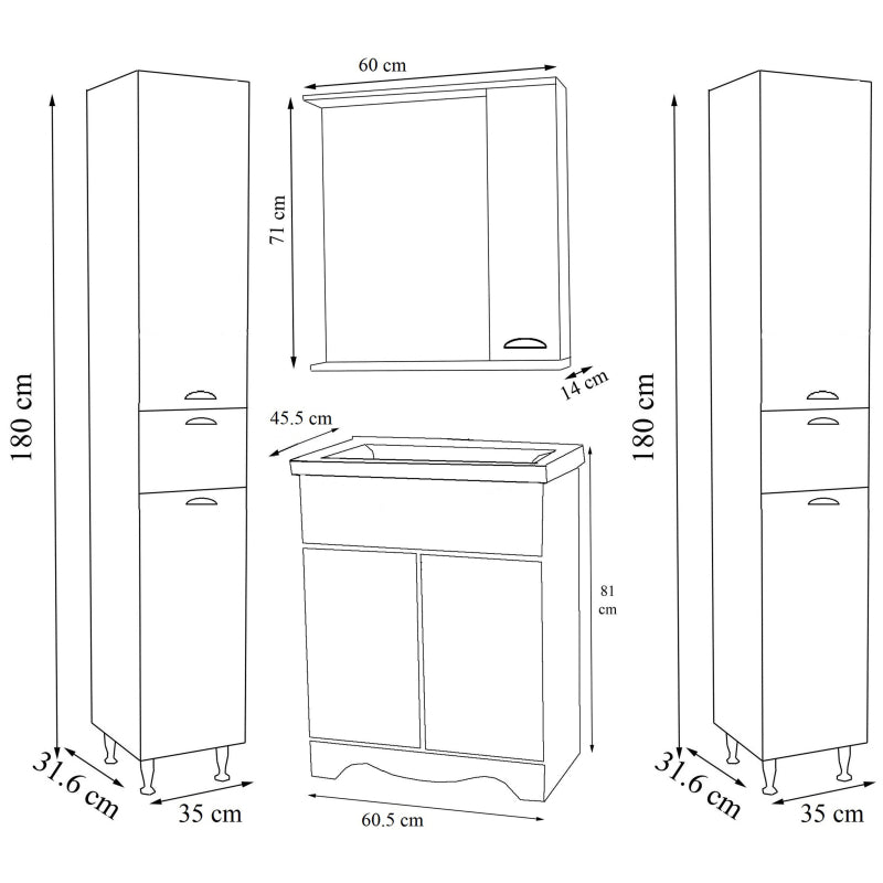 Quadro di Ezooza Set Bagno Completo 5 Pezzi Mobile con Lavabo + 2 Colonne + Pensile a specchio Medium, Bianco ,