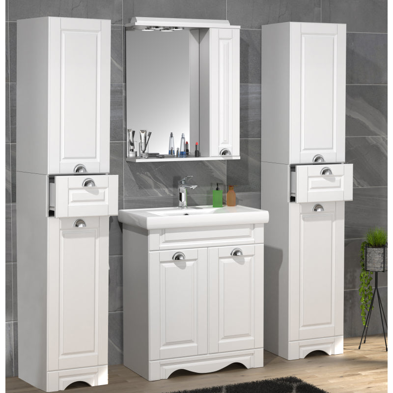 Quadro di Ezooza Set Bagno Completo 5 Pezzi Mobile con Lavabo + 2 Colonne + Pensile a specchio Medium, Bianco ,