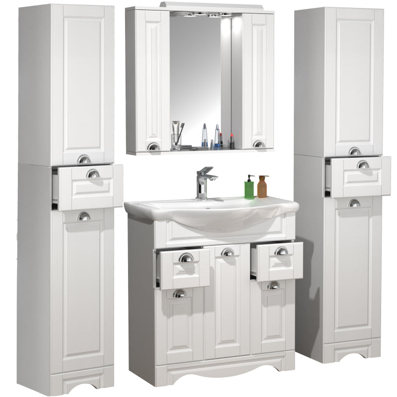 Quadro di Ezooza Set Bagno Completo 5 Pezzi Mobile con Lavabo + 2 Colonne + Pensile a specchio Large, Bianco ,