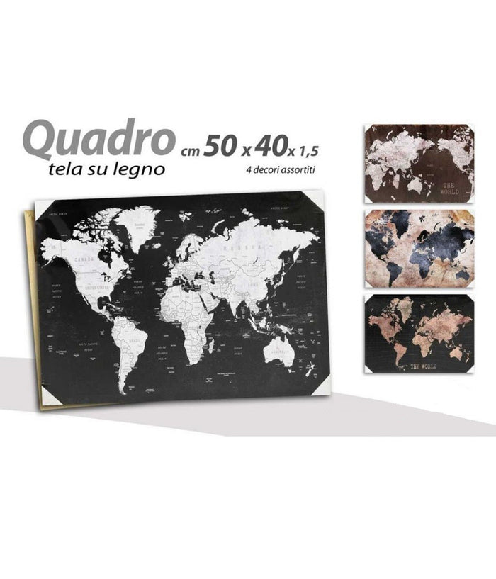 Quadro Quadretto Decorativo 50x40x1,5cm Tela Su Legno World 4 Decori Ass. 834806         