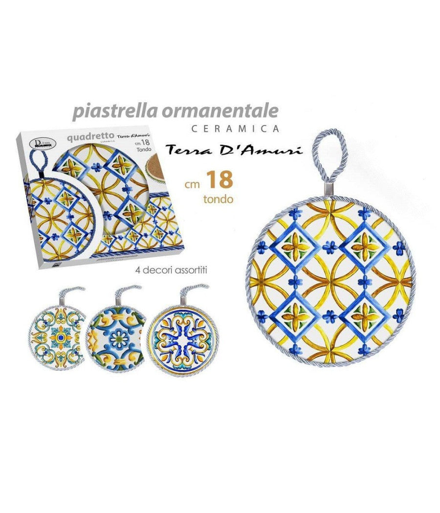 Quadro Quadretto Tonda 18cm Ceramica Terra D'amuri Con Cordino Decori Ass. 816543         