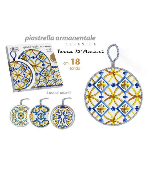 Quadro Quadretto Tonda 18cm Ceramica Terra D'amuri Con Cordino Decori Ass. 816543         