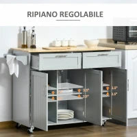 Carrello da Cucina Multiuso in Legno con 2 Cassetti, 3 Antine e 4 Ruote 121x46x91cm, Grigio