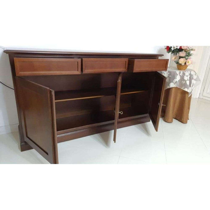 Credenza color noce con 3 ante e 3 cassetti, in stile classico,  in legno e mdf con rifinitura in noce lucido 156x42x85