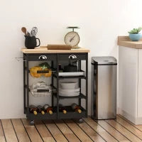 Carrello da Cucina Multiuso in Legno di Pino 74 x 37 x 75cm Nero