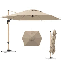 Ombrellone a Sbalzo Inclinabile con Manovella e Base, in Alluminio, Metallo e Poliestere, 4.1x2.9x2.7A m, Kaki