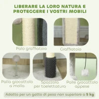 Albero per Gatti Multilivello Alto 104 cm con Casetta, Lettino, Pali Tiragraffi, Spazzola e Pallina, Grigio