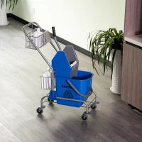 Carrello delle Pulizie Professionale con Secchio da 26L per Mocio, Strizzatore e Cestini a Rete, Blu