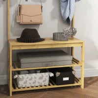 Mobile Appendiabiti 3 in 1 in Bambù con 10 Ganci, 2 Aste e Panca Scarpiera, 70x31x170 cm, Marrone