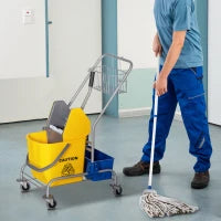 Carrello Pulizie con Strizzatore, Secchio 25L e Ripiano in Plastica, in PP e Metallo, 72x49.5x95 cm, Blu e Giallo