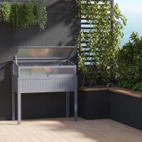 Letto Rialzato in Legno con Serra 2-in-1 Frangivento Frangivista Orto Erbe Vaso da Giardino Balcone e Terrazza Policarbonato Grigio 120 x 54 x 112/122 cm