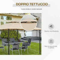 Gazebo Pergola da Esterno 3.3x3.3m con Doppio Tettuccio e Telo Estraibile, Marrone Chiaro