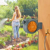 Avvolgitubo da giardino con supporto a parete e manico rotante a 180°, 30+2 m, 59 x 23 x 42 cm, Grigio