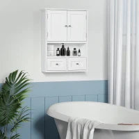 kleankin Armadietto Pensile Bagno a 2 Ante con Ripiano Aperto e 2 Cassetti in Legno, Bianco