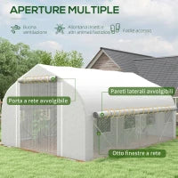 Serra da Giardino 4x3m a Tunnel con Copertura in PE, Porta e 8 Finestre Avvolgibili, Bianco