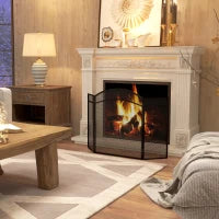 Parascintille per Camino Pieghevole a 3 Pannelli in Metallo con Design Classico, 96x60cm, Nero